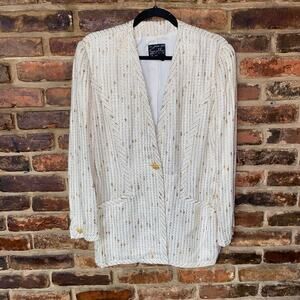Suzelle Vintage Gold Beige Metallic Knit One-Button Blazer Jacket Women's Size 4